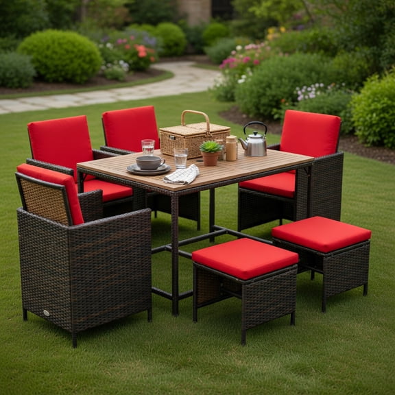 Topcobe 9 Pieces Patio Rattan Dining Cushioned Chairs Set, Outdoor Deck Furniture, Red