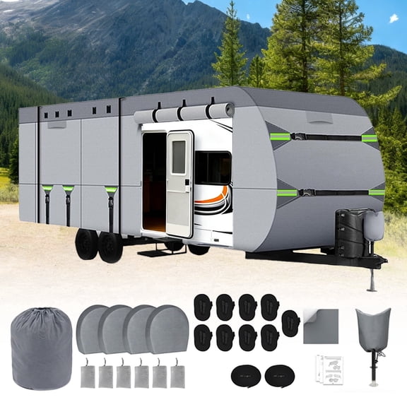 27-30ft RV Cover Upgraded 8 Layers Top Camper Cover Windproof Travel Trailer RV Cover with Waterproof PU Coating Camper Covers Motorhome Camper Cover