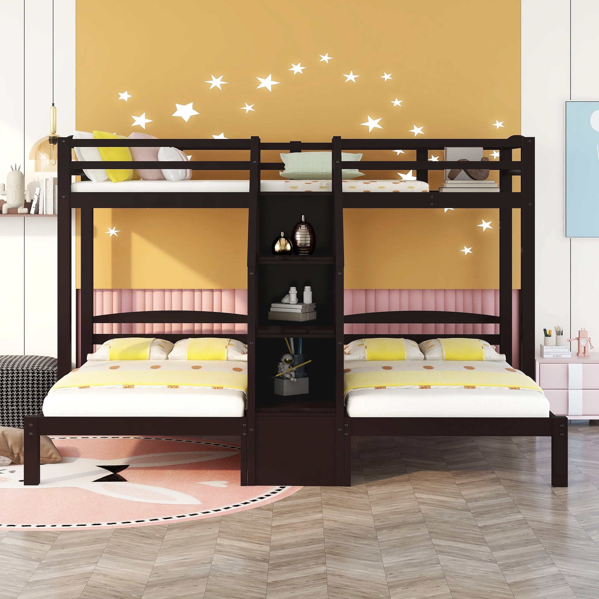 Bellemave Twin Triple Bunk Bed with Storage Stairs, Wood Twin over Twin