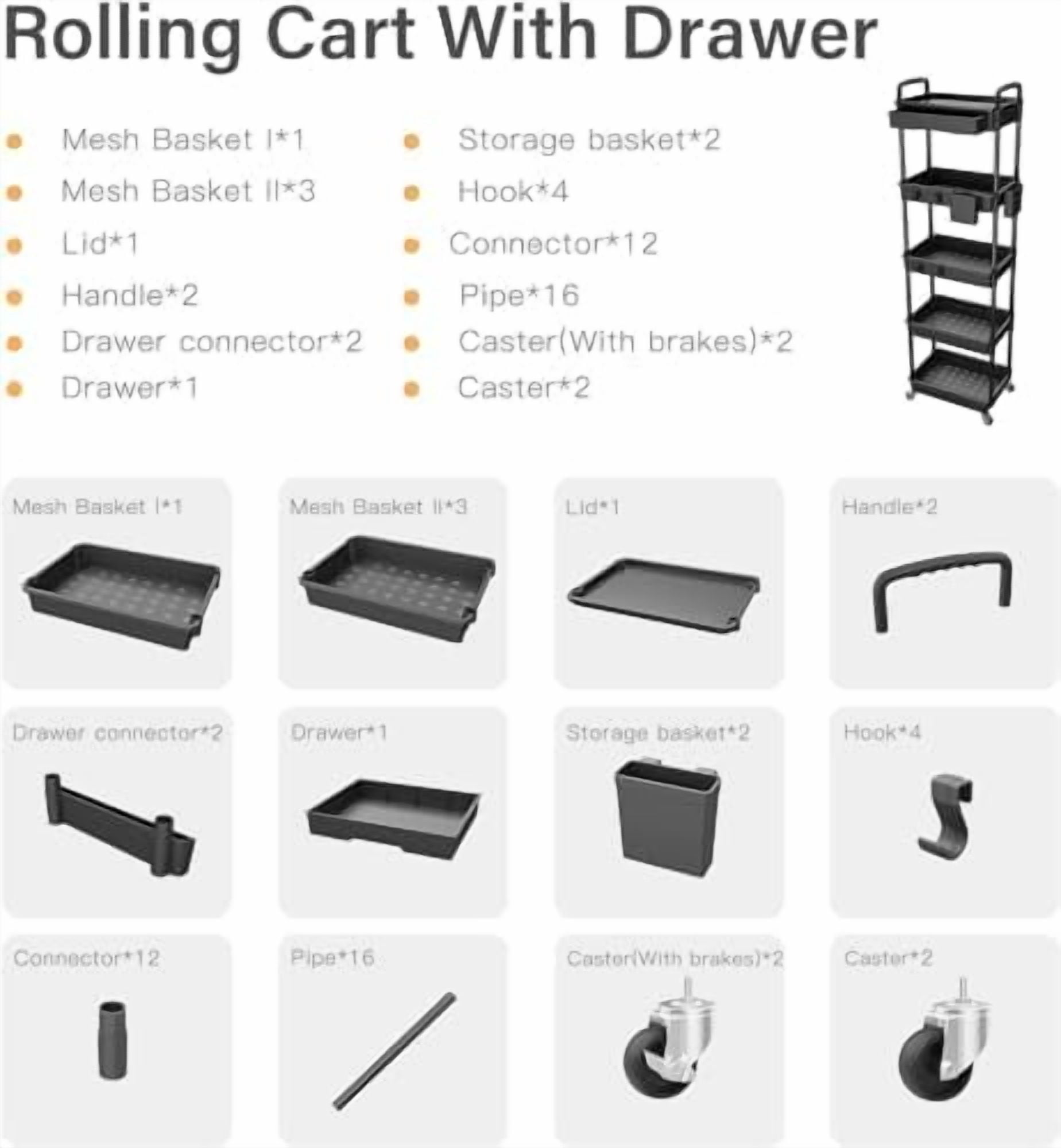 5 Tier Rolling Cart Organizer,Bathroom Cart Organizers with Wheels Laundry Room Organization Mobile Shelving Unit Utility Cart Storage Shelves Multi-Functional for Office, Home(Black)