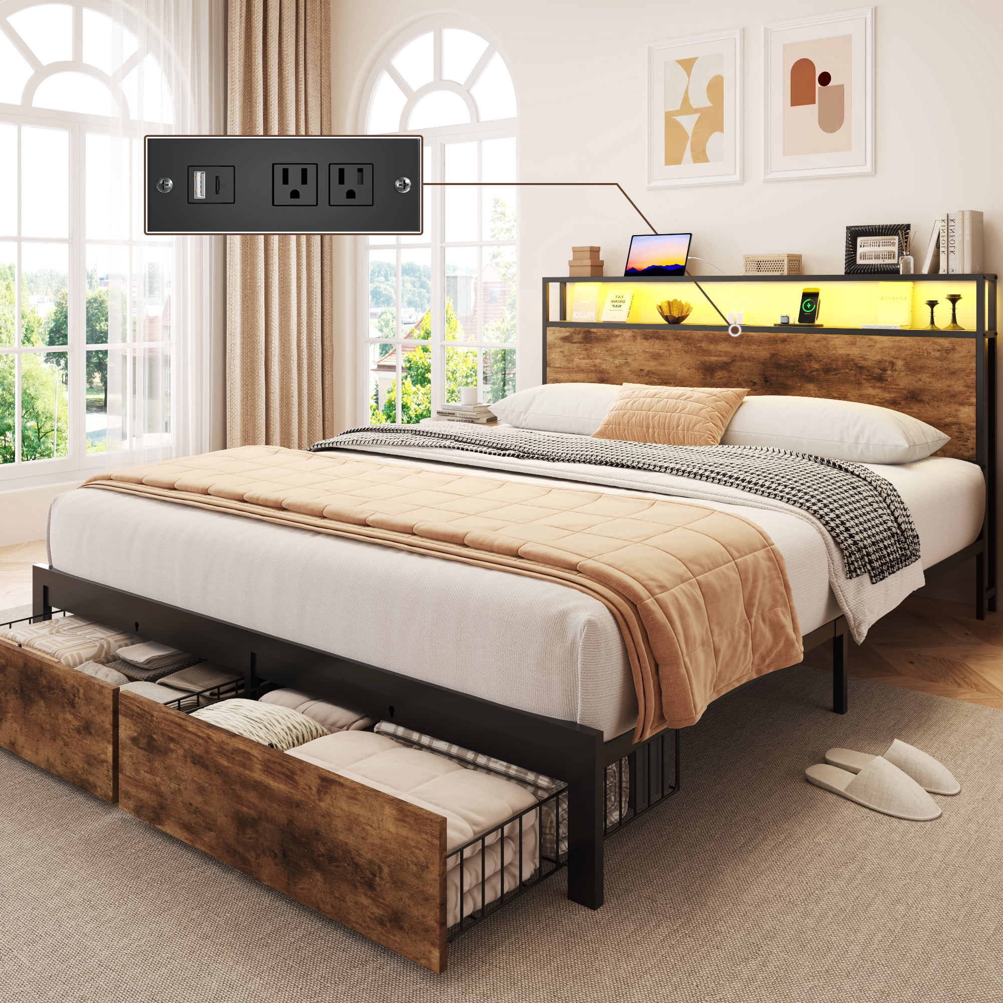 Lifezone Queen Bed Frame with 2-Tier Storage Headboard, Metal Bed Frame with Storage Drawers & Built-in Charging Station & LED, Noise-Free, No Box Spring Needed, Easy Assembly, Retro Brown