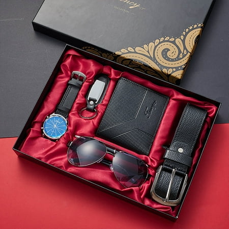 Meottam 6Pcs Men's Gift Set, Leather Belt, Wallet, Wrist Watch, Pen, Keychain and Sunglasses Valentine's Day, Fatherâs Day, Christmas Birthday Present for Dad, Husband, Boyfriend (Black)