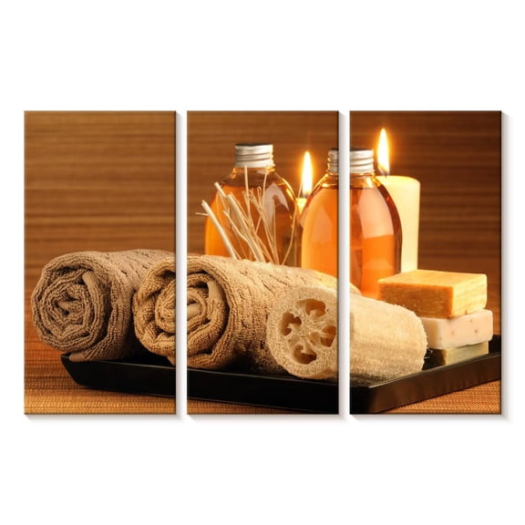 Elephant Stock Spa Treatment Essentials Wall Art - Horizontal Multi Panel Canvas - Bathroom Wall Decor - Wellness Multi Panel - Brown And Yellow Decor - 23" x 14"