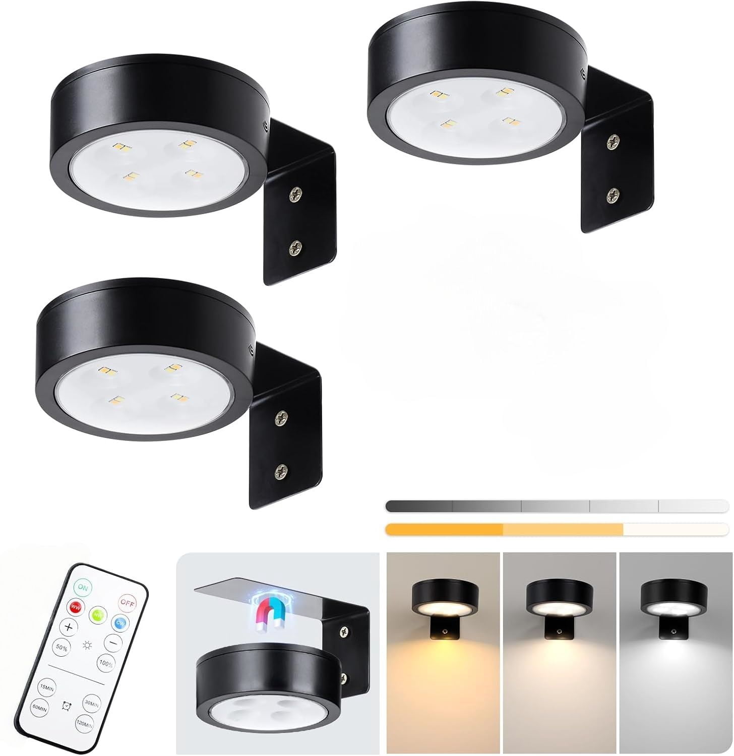 9-Pack Black Picture Lights for Wall,Battery Operated with Remote and Timer,,3 Color Temperatures & Dimmable,Art Display Light for Picture Frame Artworking Portrait,Wireless Wall Decor Puck Lights