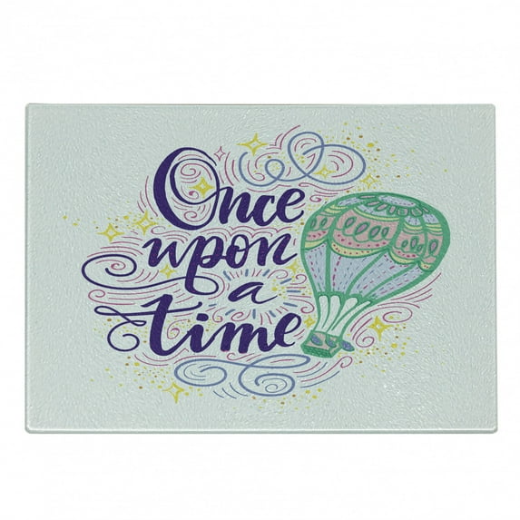 Once upon a Time Cutting Board, Retro Hot Air Balloon Hovering in Hand Drawn Clouds Sky Vintage Pattern, Decorative Tempered Glass Cutting and Serving Board, in 3 Sizes, by Ambesonne