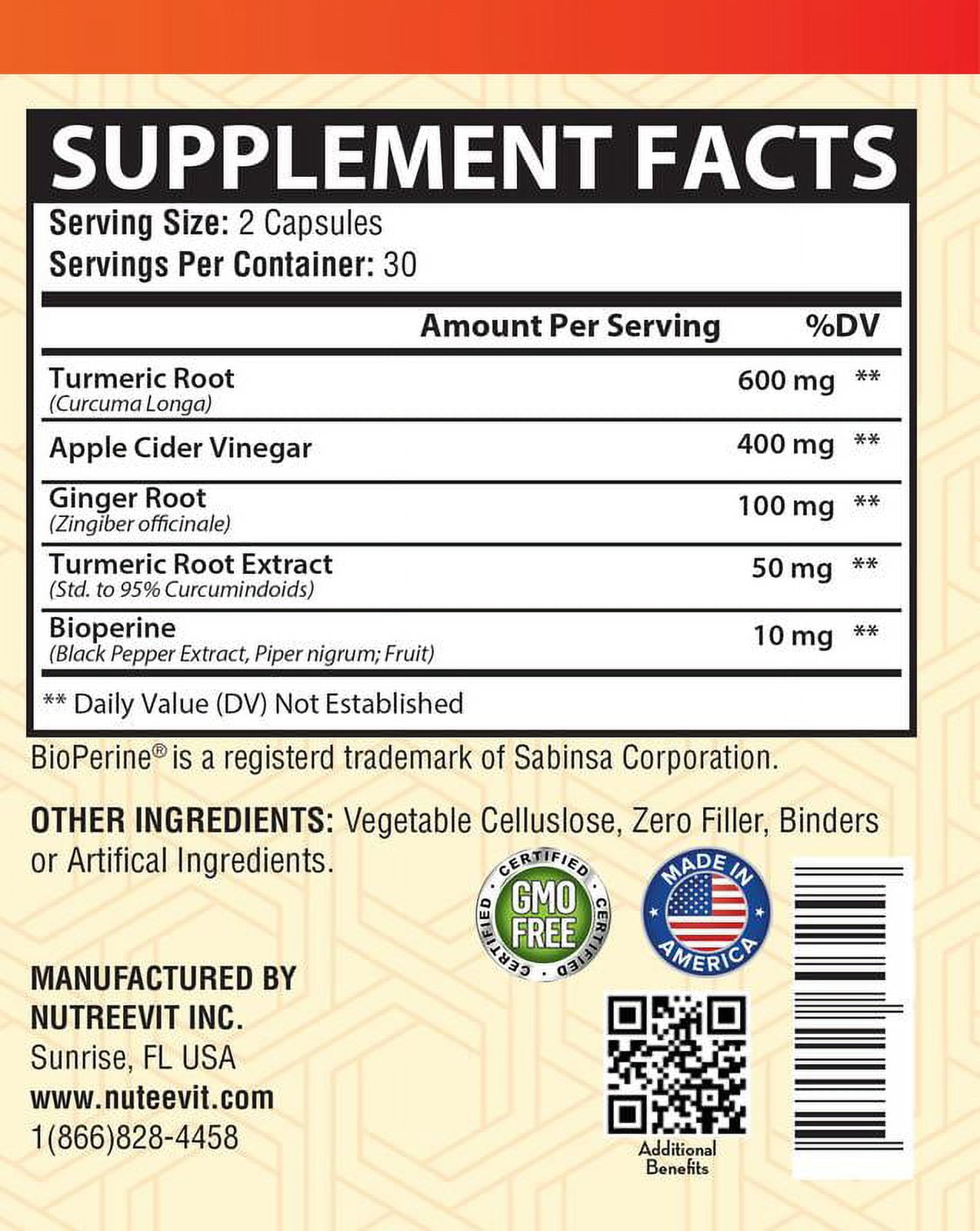 Nutreevit 100% Organic Turmeric Apple Cider Vinegar Supplement with Ginger and Bioperine. Natural Detox and Cleanse. Joint Support, Boost Metabolism, Made in USA (240 Count)