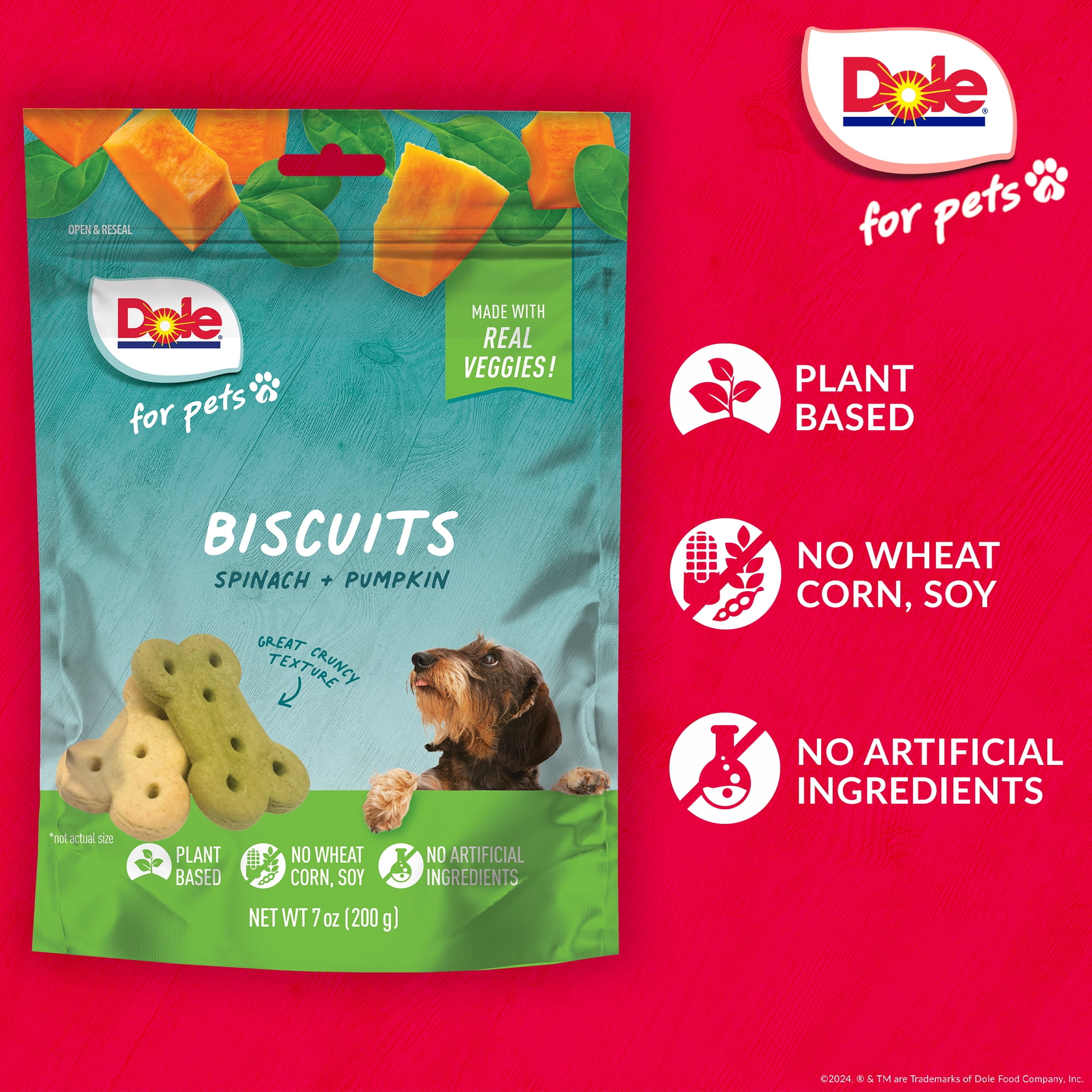 (4 pack) Dole Freshly Fetched Dog Biscuit Treats, Spinach & Pumpkin Flavors, No Wheat, Corn or Soy, 7oz