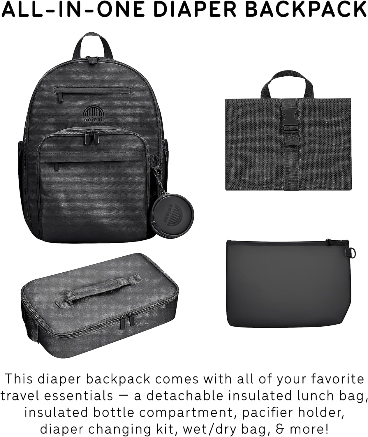 uninni Diaper Baby Bag Backpack for Moms and Dads with Baby Boys and Girls, Portable Changing Pad, Removable Waterproof Pacifier Case, Stroller Straps, Insulated Bottle Pockets, Black