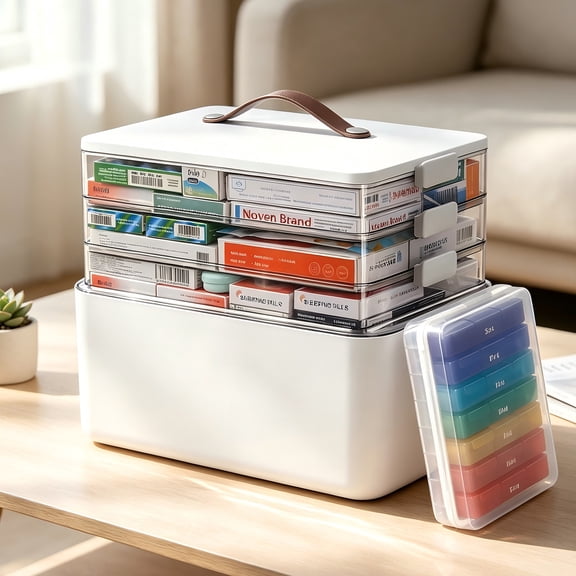 Maoface 4-Tier First Aid Storage Box with Handle, Large Capacity Medicine Organizer for Pills & Vitamins, Includes Removable 7-Day × 3-Times-Daily Pill Organizer for Home & Travel