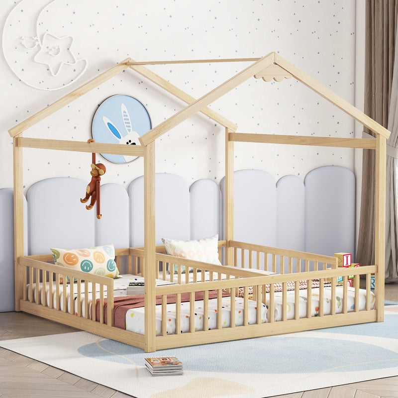 Mirightone Double Twin Bed Frames for , Twin House Bed for 2，Wood Montessori Floor Beds Frame with Fence Railings,（Natural）