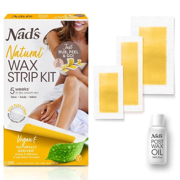 Kit de depilación natural de Nad: 6 tiras faciales, 20 tiras corporales, 6 tiras de bikini + aceite post-cera para todo tipo de piel