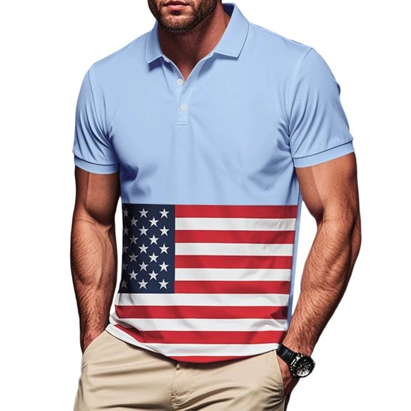 COSFO Independence Day Men Polo Shirts Patriotic Short Sleeve Casual Shirts Collared Quick Dry Mesh Pullover Classic Fit Tops