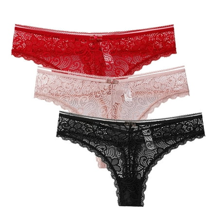 

Qcmgmg 3 Pack Flowers Lace Underwear for Women Stretch Breathable Panties Women s Low Waisted Thong L