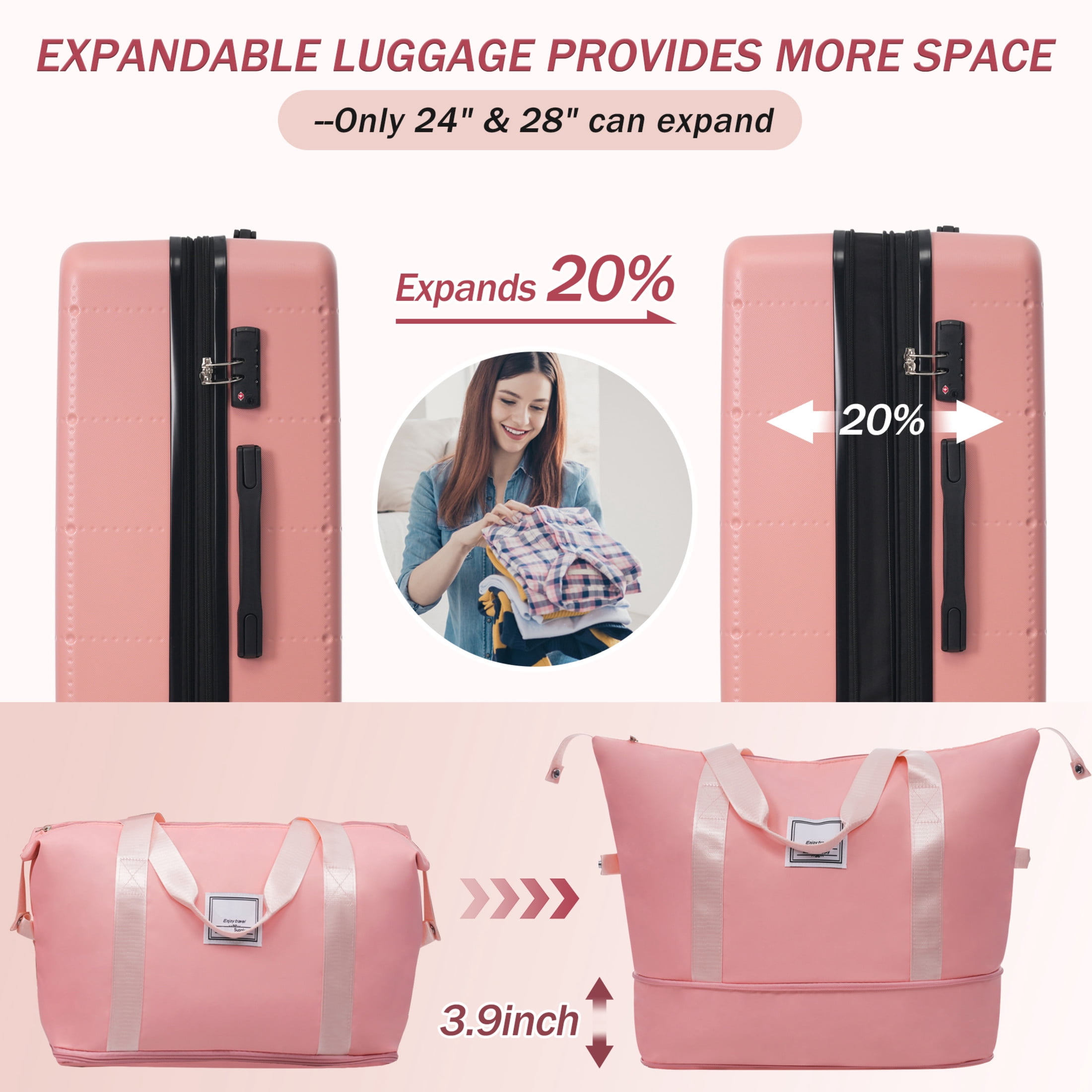 GDF Studio 5-Piece Hardside Luggage Set, Carry-On Suitcase with USB Port and Checked Bags, Spinner Wheels, Light Pink
