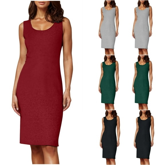 Aboser Womens Wrap Midi Dresses for Summer Work Office Dress Slimming Bodycon Pencil Dress Casual Sleeveless Tank Dresses Comfy Round Neck Dress