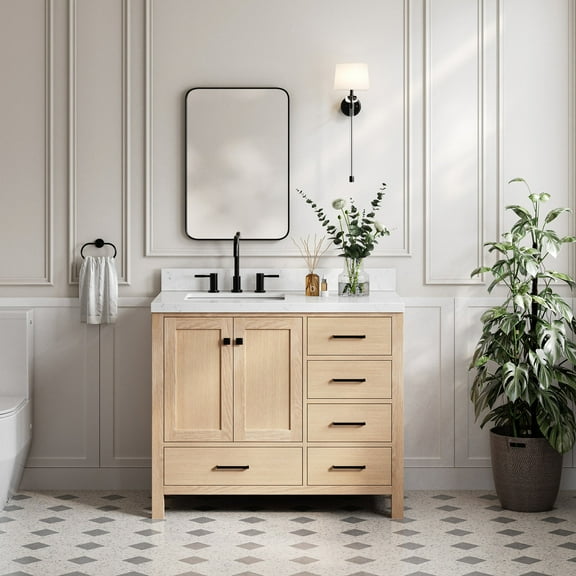 Ariel Cambridge 42 Inch Single Rectangular Sink Bathroom Vanity With Carrara White Quartz Countertop 1.5 Inch Edge In Oak