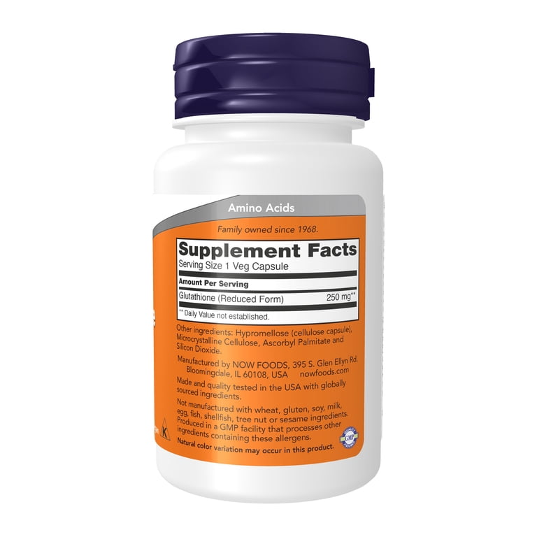 NOW Supplements, Glutathione 250 mg, Detoxification Support* Free Radical  Neutralizer* 60 Veg Capsules