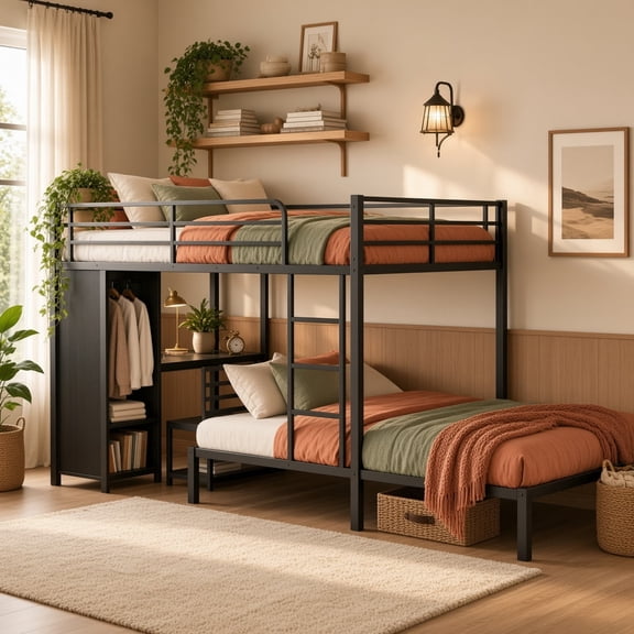 Queen over Queen Metal Bunk Bed with Built-in Wardrobe, Desk & Storage Chairs, Space-Saving, Black