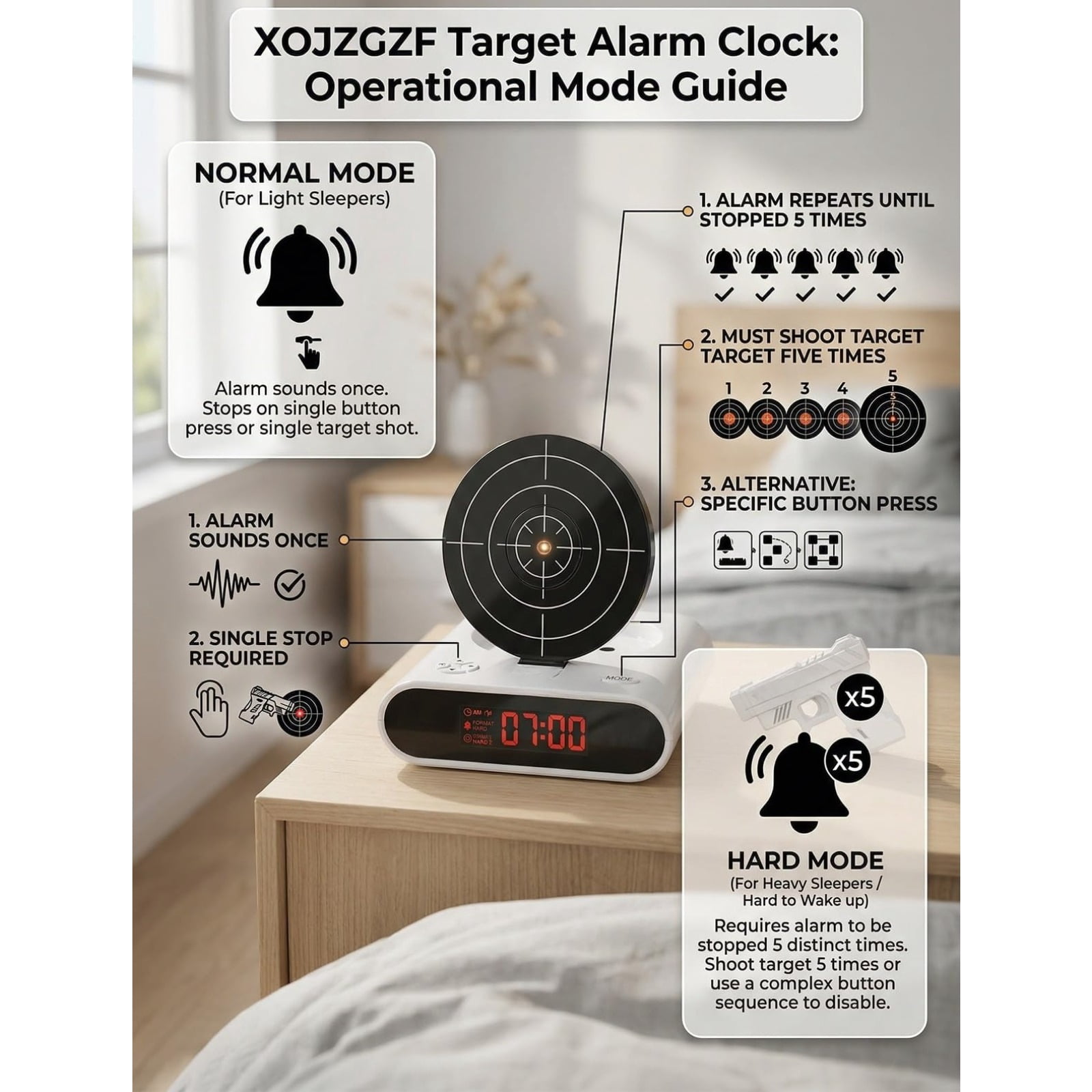 Target Alarm Clock – Shot Timer, Shooting Timing Clock , Interactive Digital Wake Shot, 2 Alarm Modes, Large LED Display for Home Office Living Room