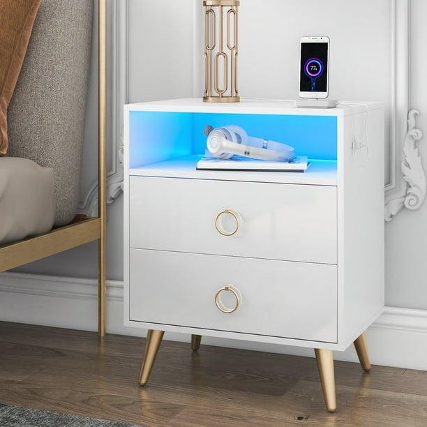 Hommpa LED Nightstand with Charging Station 2 USB Modern Bedside Table