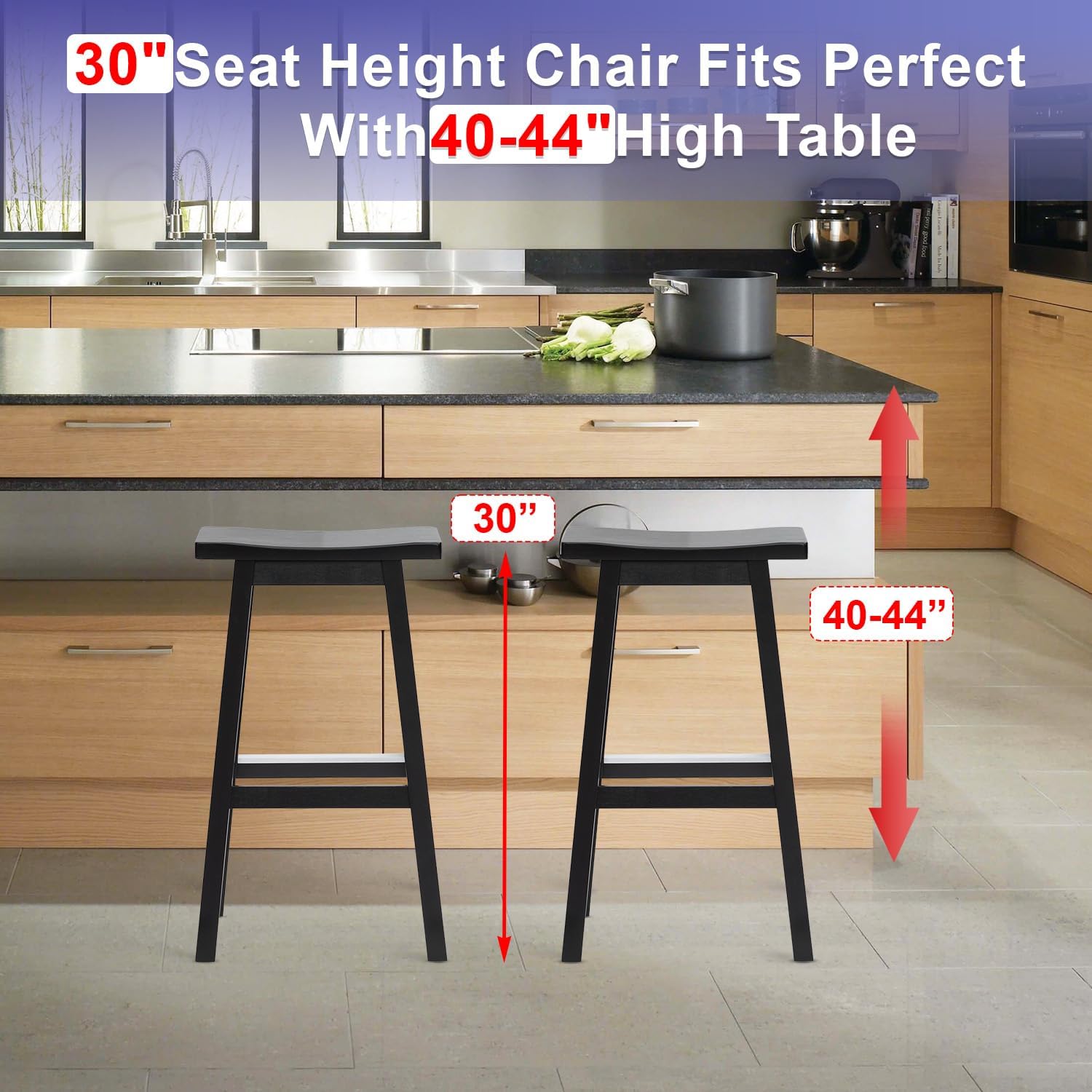 FDW Bar Stools Set of 2 for Kitchen Counter Solid Wooden Saddle Stools 30-Inch Height (Black, 30 in)