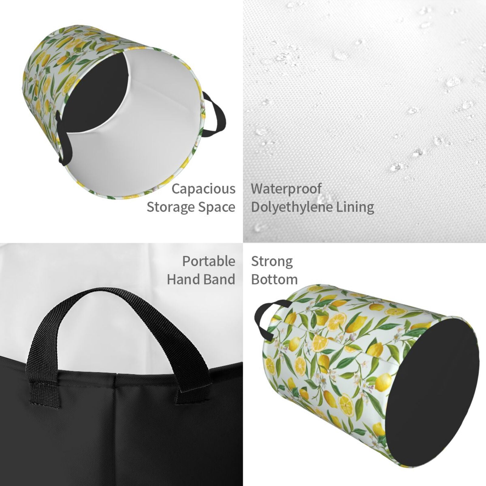 Large Laundry Basket with Handles - Cute Lemon Flower Leaves Kids Baby Dirty Clothes Laundry Hamper for Bedroom Aesthetic