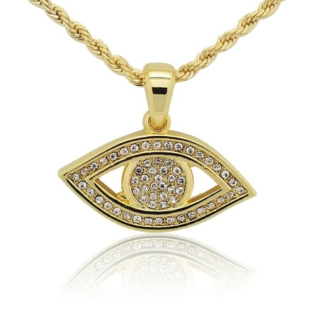 Gold Evil Eye Jewelry - 14K Gold Plated Solid Iced Out Hip Hop Bling Evil Eye Nazar Pendant with 24 inch Rope Necklace Chain