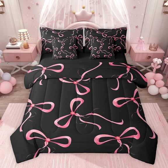 jejeloiu Cartoon Bow Tie 7-Piece Twin Bedding Sets,Kawaii Bowknot Print Bedding Comforter Set,Pink Bowtie Ribbon Sheet Sets For Girls Kids,Microfiber Bedroom Decor Reversible