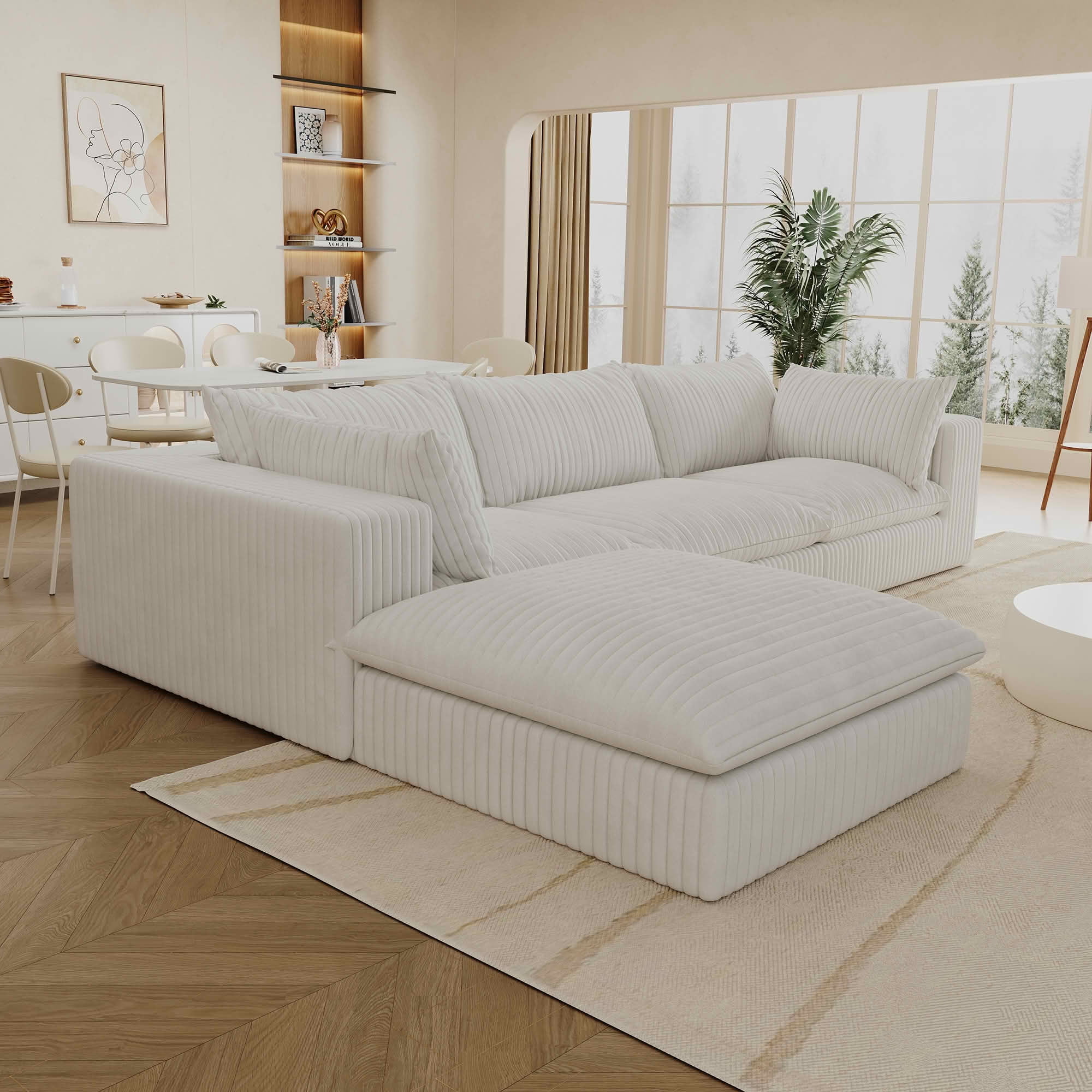 MAYEERTY 118.2" Cloud Corduroy Sofa, Deep Seat Double-Layer Design, Removable Cushion No Assembly, DIY Combination, White
