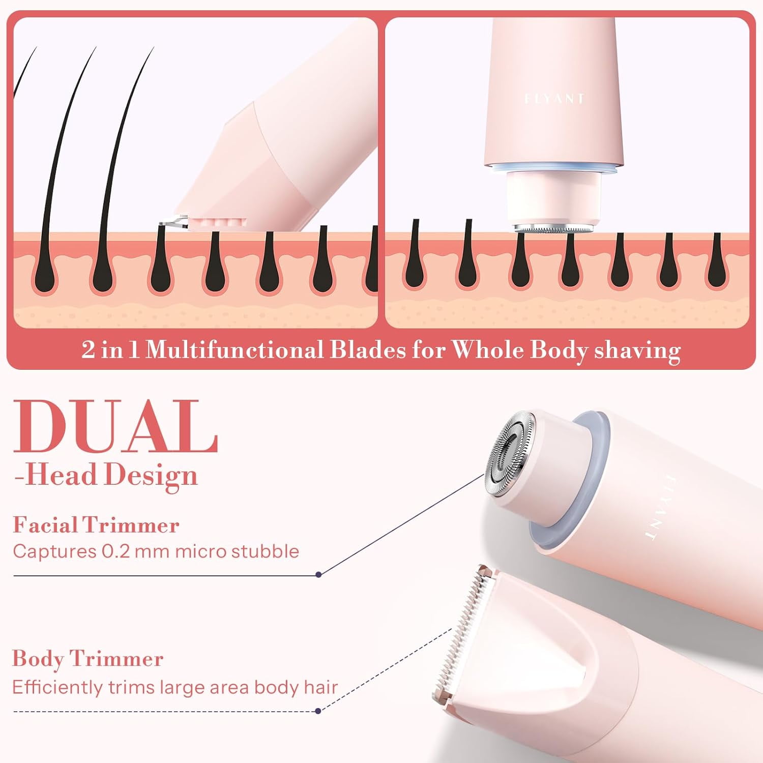 Bikini Trimmer for Women, 2 in 1 Electric Shaver for Women, Pubic Hair Trimmer Waterproof IPX7 with LED, Bikini Razor for Leg Arm Underarm Bikini Area, Christmas Gifts for Her - Rose Pink
