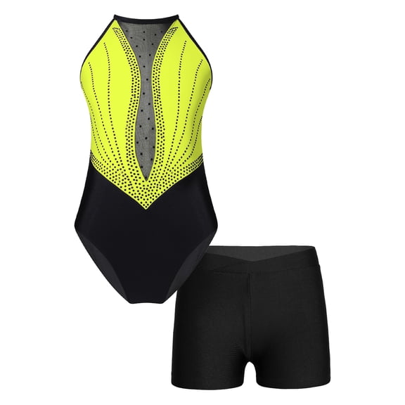 Aislor Girls Sparkly Diamond Sleeveless Gymnastics Ballet Dance Leotard Unitard Bodysuit with Shorts Set Yellow 14