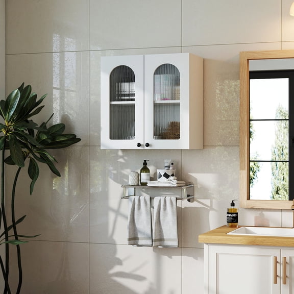 CQSXDA Arched Glass Door Design Floating Wall Cabinet in for Kitchen or Living Room with Adjustable Shelving Features