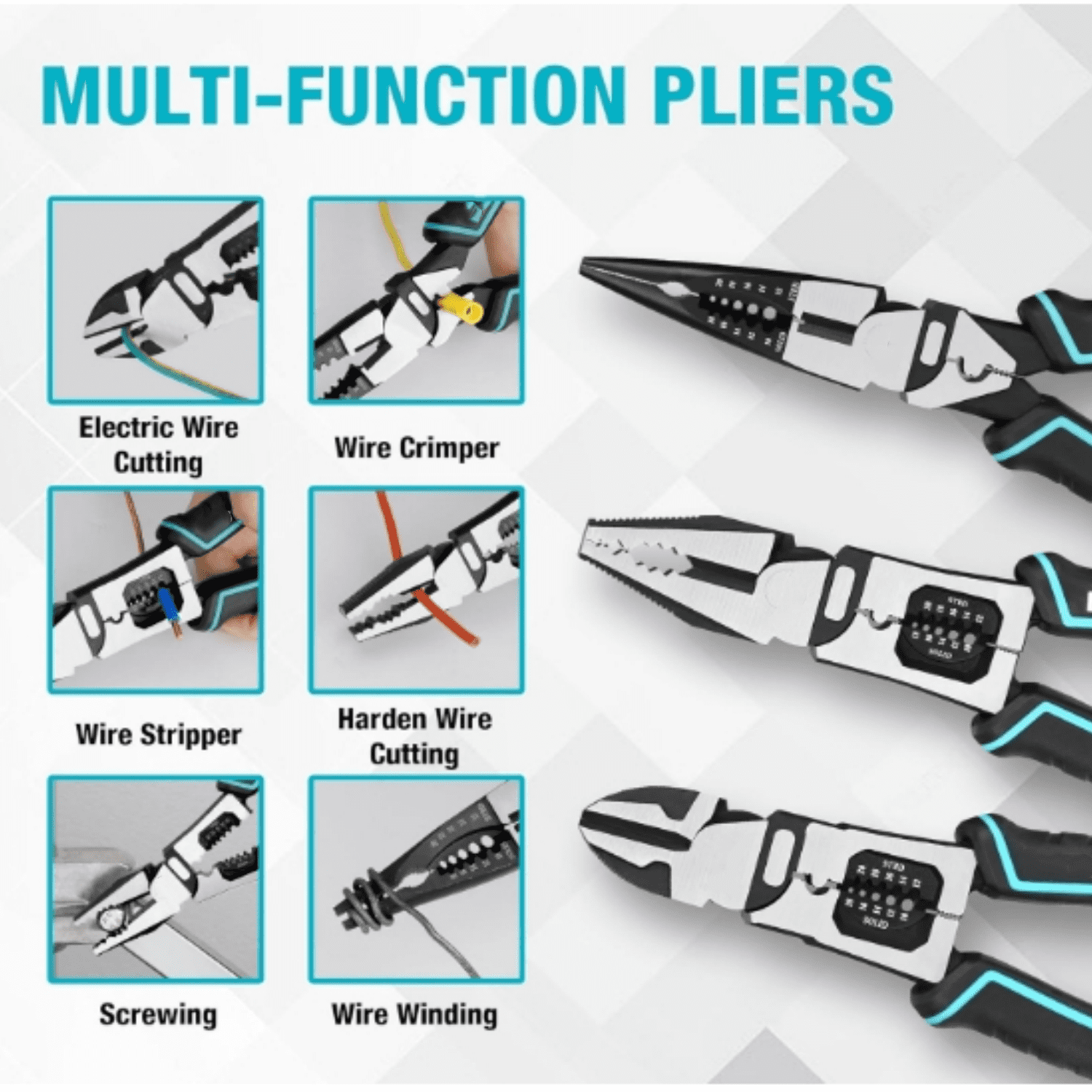 3PCS Pliers Set, Large 6 in 1 Multifunctional Wire Stripper Crimper Cutter, 8.5" Long Nose Pliers, 8.5" Linesman Pliers, 8" Diagonal Side Cutting