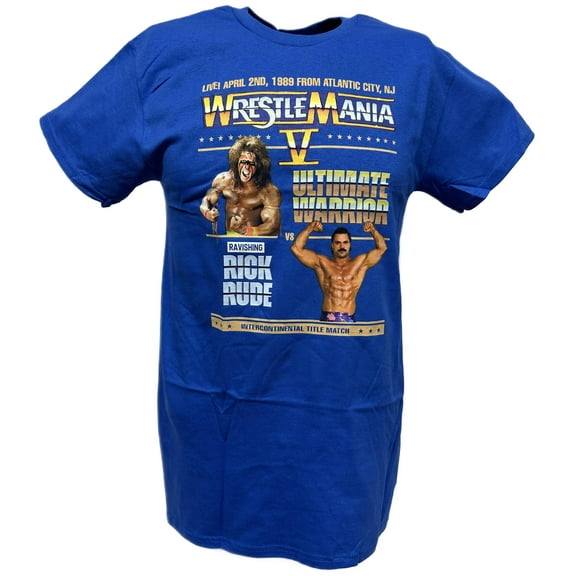 Wrestlemania 5 Ultimate Warrior vs Ravishing Rick Rude Mens Blue T-shirt
