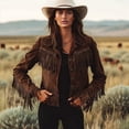 thumbnail image 6 of Jacket Women Vintage Western Cowgirl Style Fringe Button Up Long Sleeve Lapel Faux Suede Jacket Women Brown S, 6 of 7