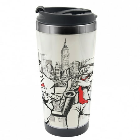 

Music Travel Mug Beats in New York Night Steel Thermal Cup 16 oz by Ambesonne
