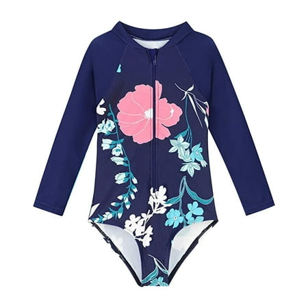 Gubotare Bathing Suits for Girls Baby Girl Swimsuit One-Piece Long Sleeve Rash Guard Set Floral Zipper Bathing Suit Beach Wear Blue L