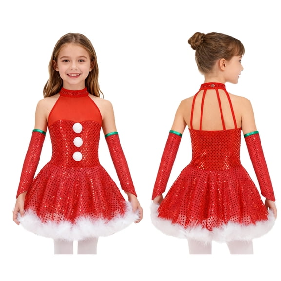 Aislor Girls Christmas Party Dance Snowman Shiny Sequins Figure Skating Ballet Dress with Oversleeves Red 12