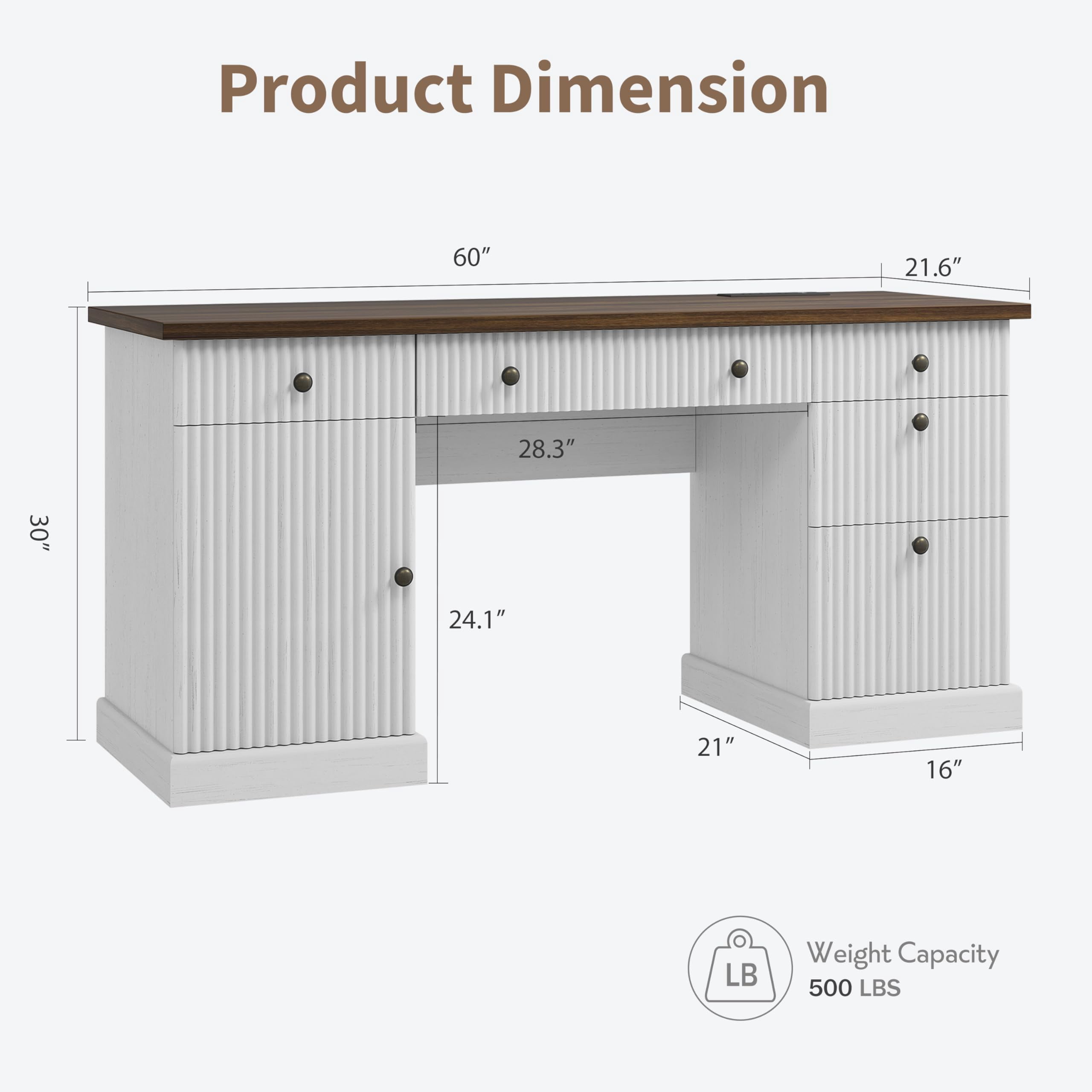 Garvee 60" Fluted Executive Desk with Charging Station & File Storage – Modern Wooden Computer Desk for Home Office, Study, Living Room or Bedroom-Brown White