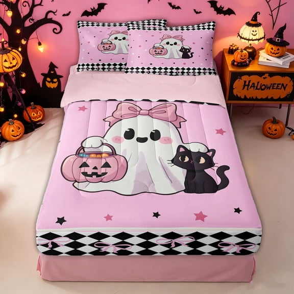 Homewish Cartoon Bow Ghost Cat Zipper Twin Comforter Sets with Fitted Sheet and 2 Pillowcases for Kids, Sugar Halloween Pumpkin Zipper Bedding Set, Pink Reversible, 4pcs