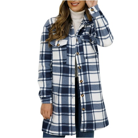 

Women s Plaid Long Sleeved Shirt Lapel Single Breasted Cardigan Shirt Coat Hoodless Casual Coat jacket