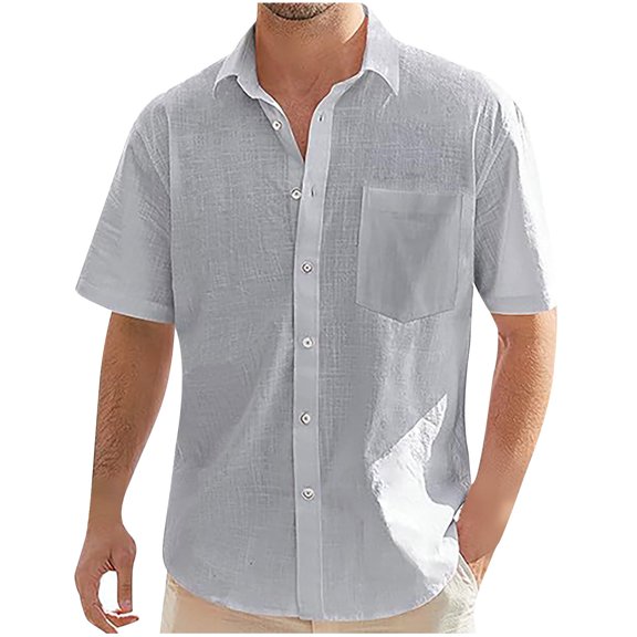 WREESH Men's Fashion Linen Button Down Shirts Casual Solid Color Short Sleeve Turndown Collar Shirts Comfortable Top Gray