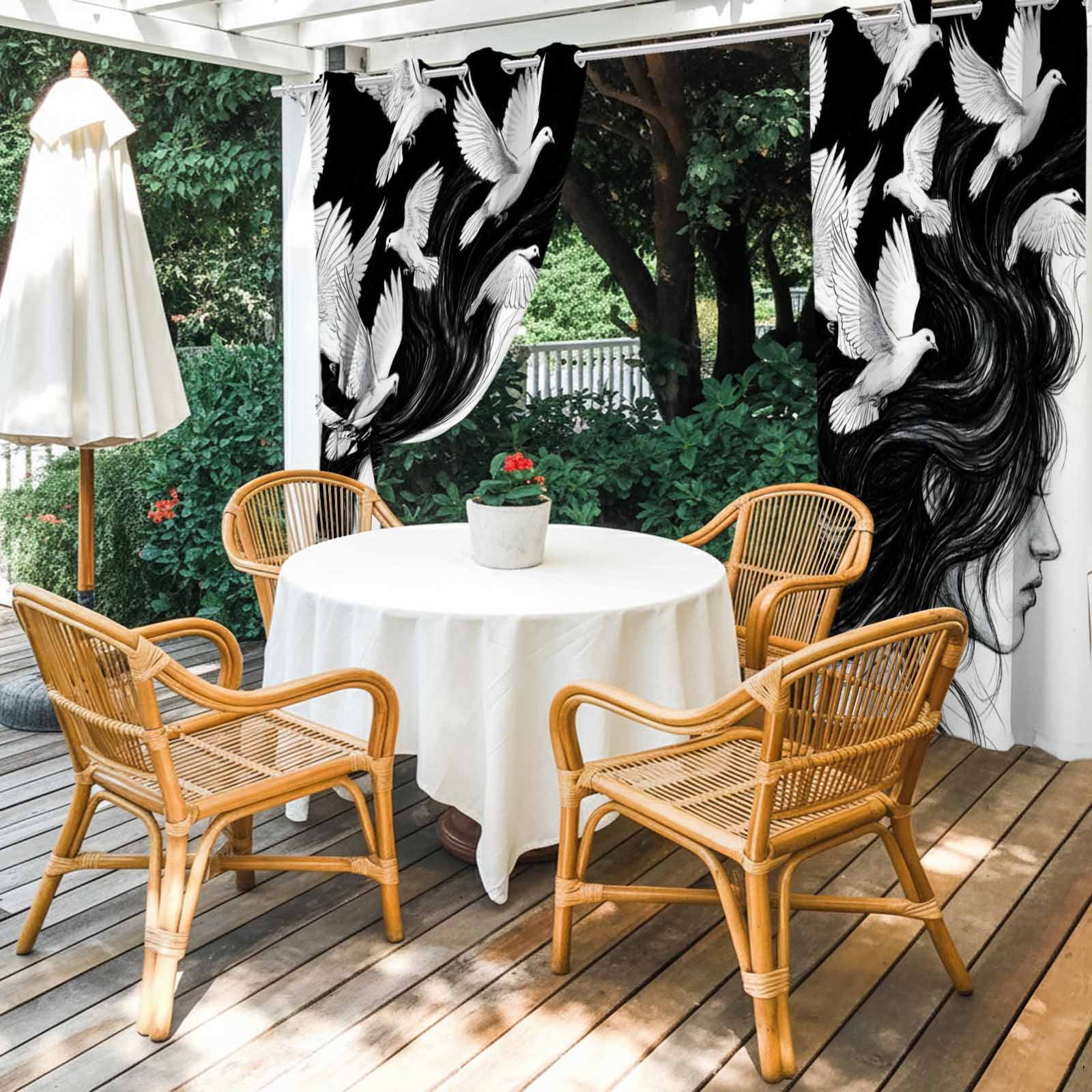 Abstract Art Outdoor Curtains for Patio, Black and White Pigeon Woman Profile Bohemian Sunshade Privacy Drapes Grommet Waterproof Outside Curtains for Porch/Cabana/Balcony 54"x 108", 1 Panel
