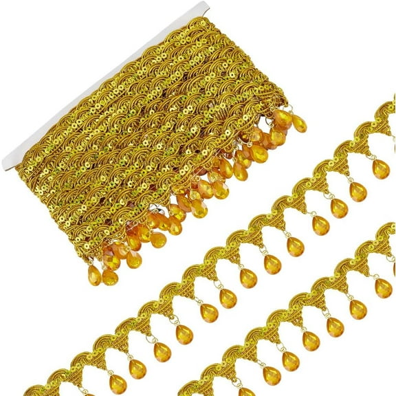 9.8Yards(9m) Hanging Beads Fringe Lace 1.9inch Wide Gold Rhinestone Bead Fringe Trim Polyester Sewing Fringe Tassel Trim by The Yard for Handmade DIY Clothing Curtain Decoration Gold