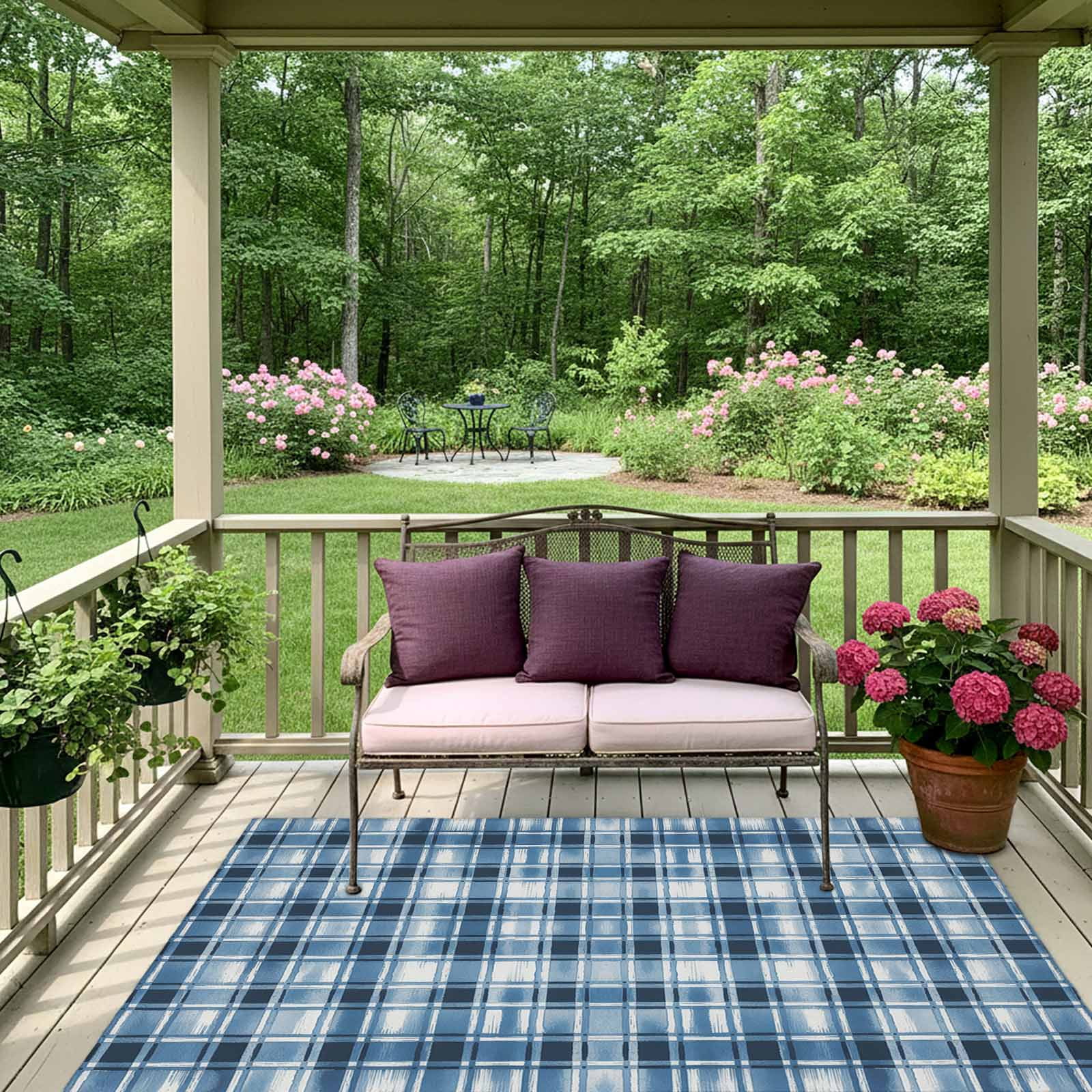 Blue Plaid Outdoor Rug 4x6 Ft, Non Slip Washable Area Rug, Modern Simple Watercolor Buffalo Lattice Patio Rugs Carpet Runner, Large Floor Mat for Indoor/Outdoor Deck Porch Camping