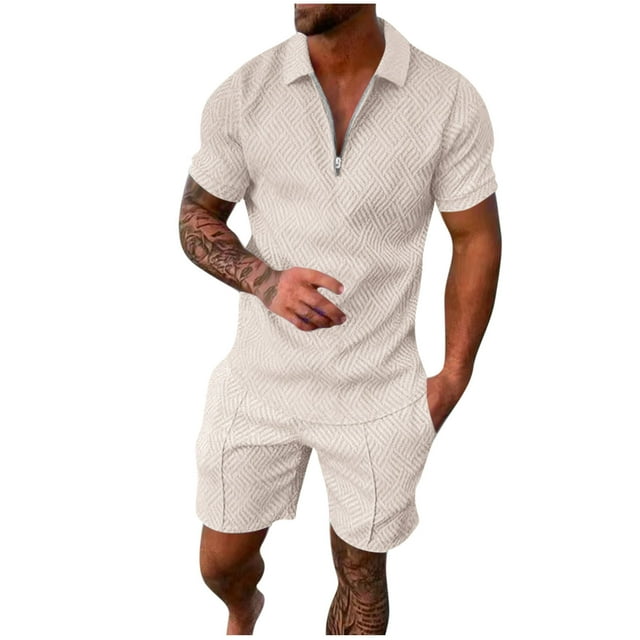Haut Décontracté à Manches Courtes pour Hommes, Short, Col à Revers, Couleur Unie, Costume Décontracté