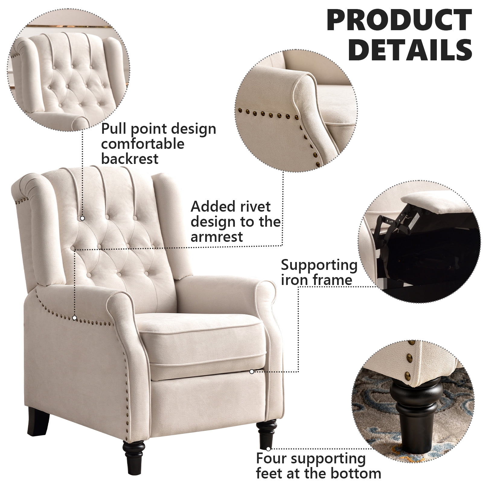 Bonzy Home Pushback Recliner Fabric Reclining Chair Sofa for Living Room, Cream