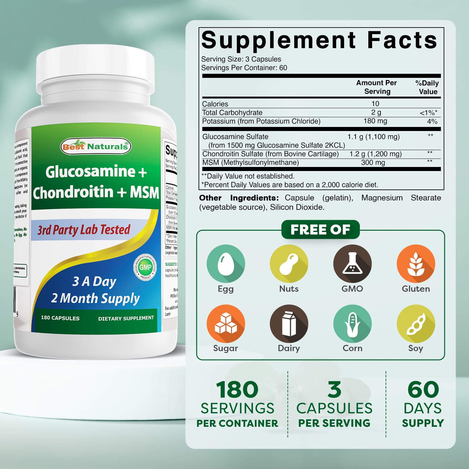 Best Naturals Glucosamine Chondroitin MSM Capsules, Joint Support Supplement, Gluten-Free, 3 Pack, 180 Ct