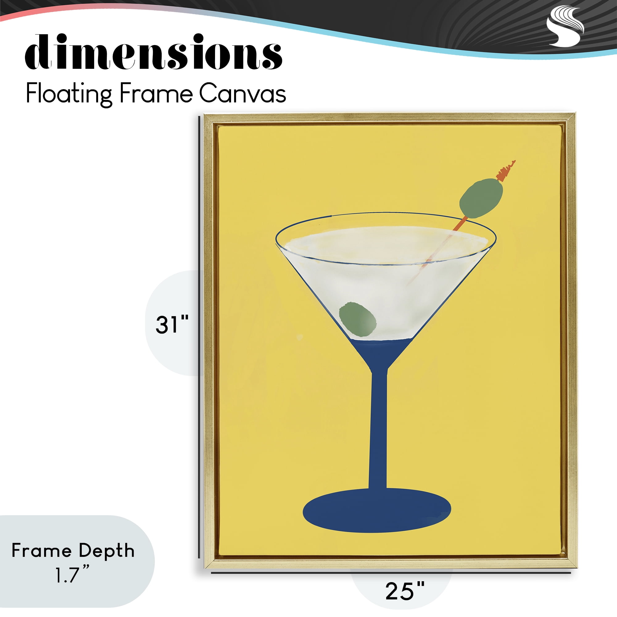 Stupell Industries Martini Glass over Yellow Gold Framed Floater Canvas Wall Art, design by Robin Maria