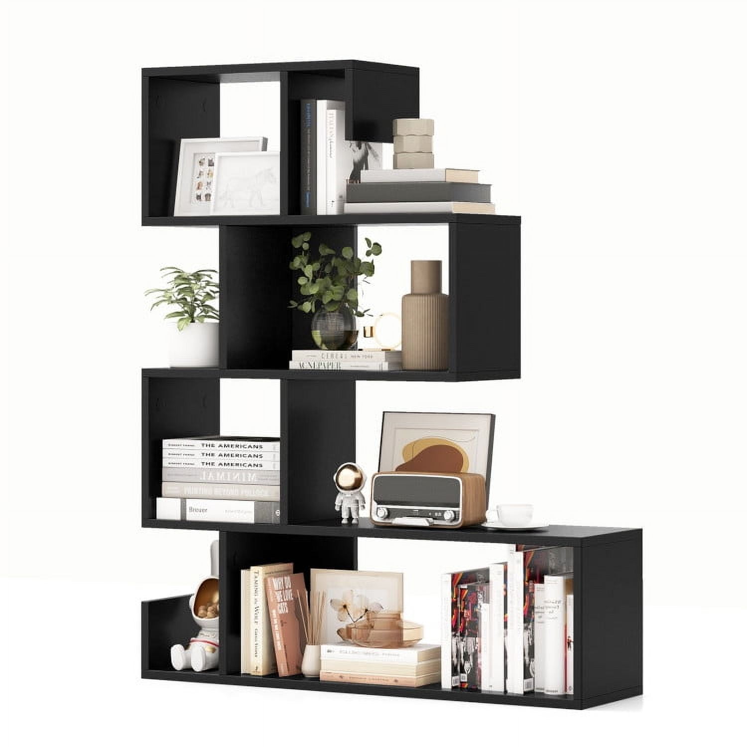 Demi Bonn 5-Tier S-Shaped Bookshelf Geometric Z-Shelf Bookcase with Open Cubes, Black